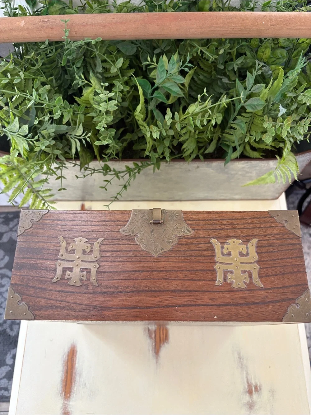 Vintage 1960’s Korean Tansu Jewelry Box Wood and Brass Chest with Drawers EUC